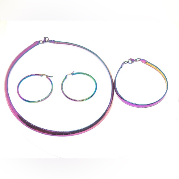 Multi-Color Stainless Steel Omega Necklace Bracelet & Earrings Set - Picture 6 of 7